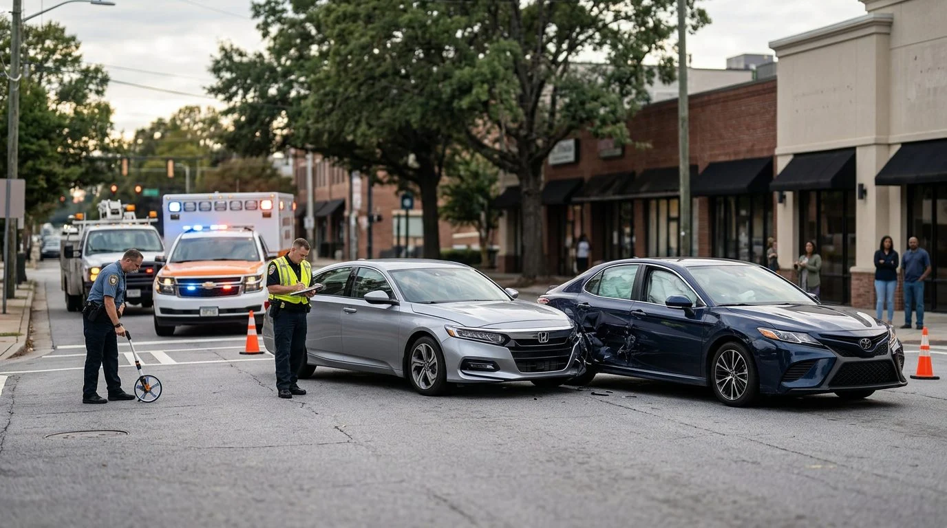 Two cars with front-end damage sit on a city street as emergency responders and investigators document the crash scene.