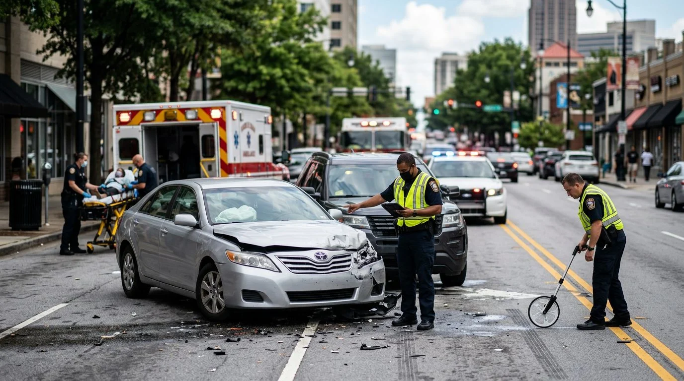 Two cars with front-end damage sit on a city street as police officers and emergency vehicles document the scene.