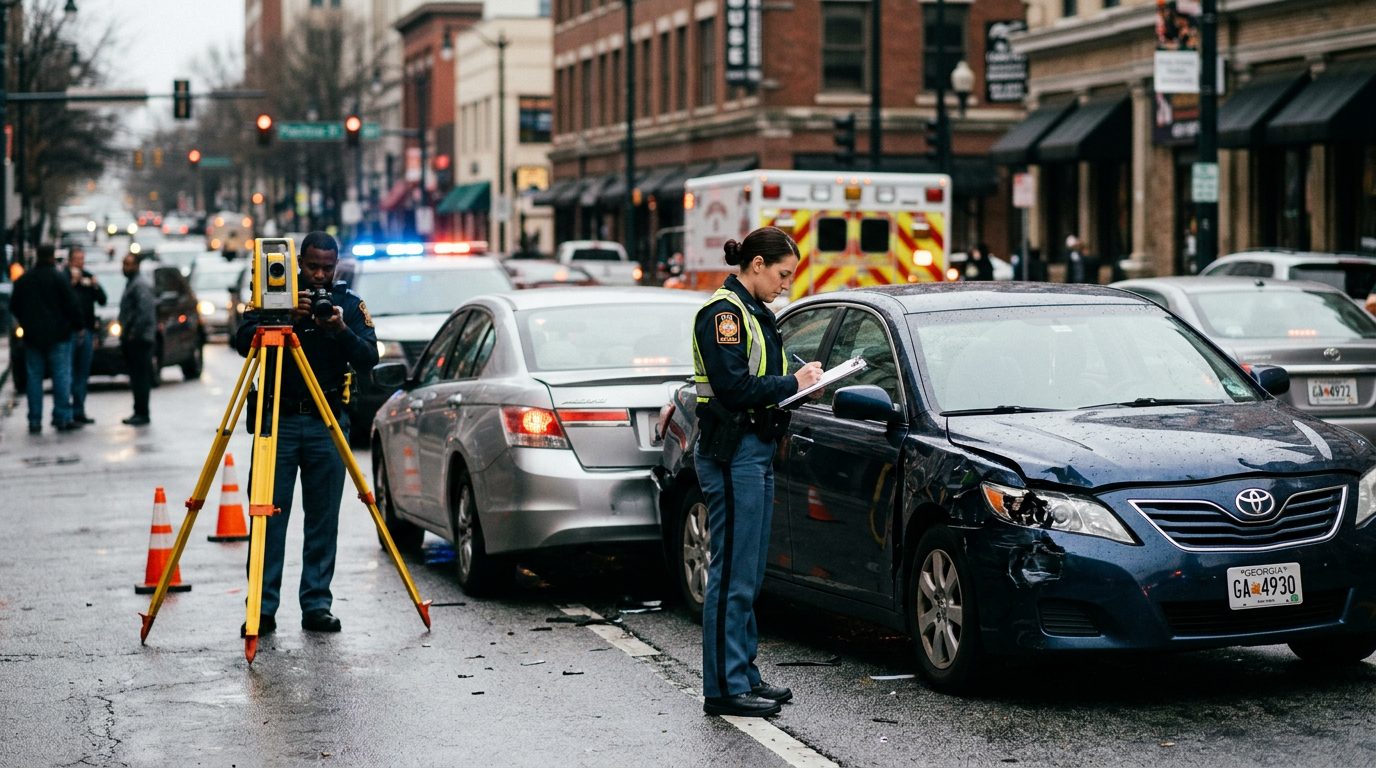 Dos autos dañados y vehículos de emergencia en una calle de la ciudad, con investigadores documentando la escena del accidente.