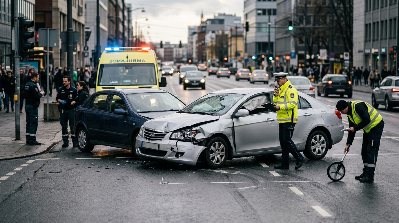 Dos autos dañados en una calle de la ciudad mientras socorristas y peritos documentan el lugar del accidente.