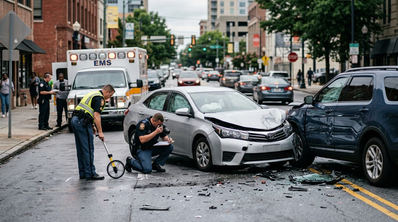 Two damaged cars sit on a city street while emergency responders and investigators document the crash scene.