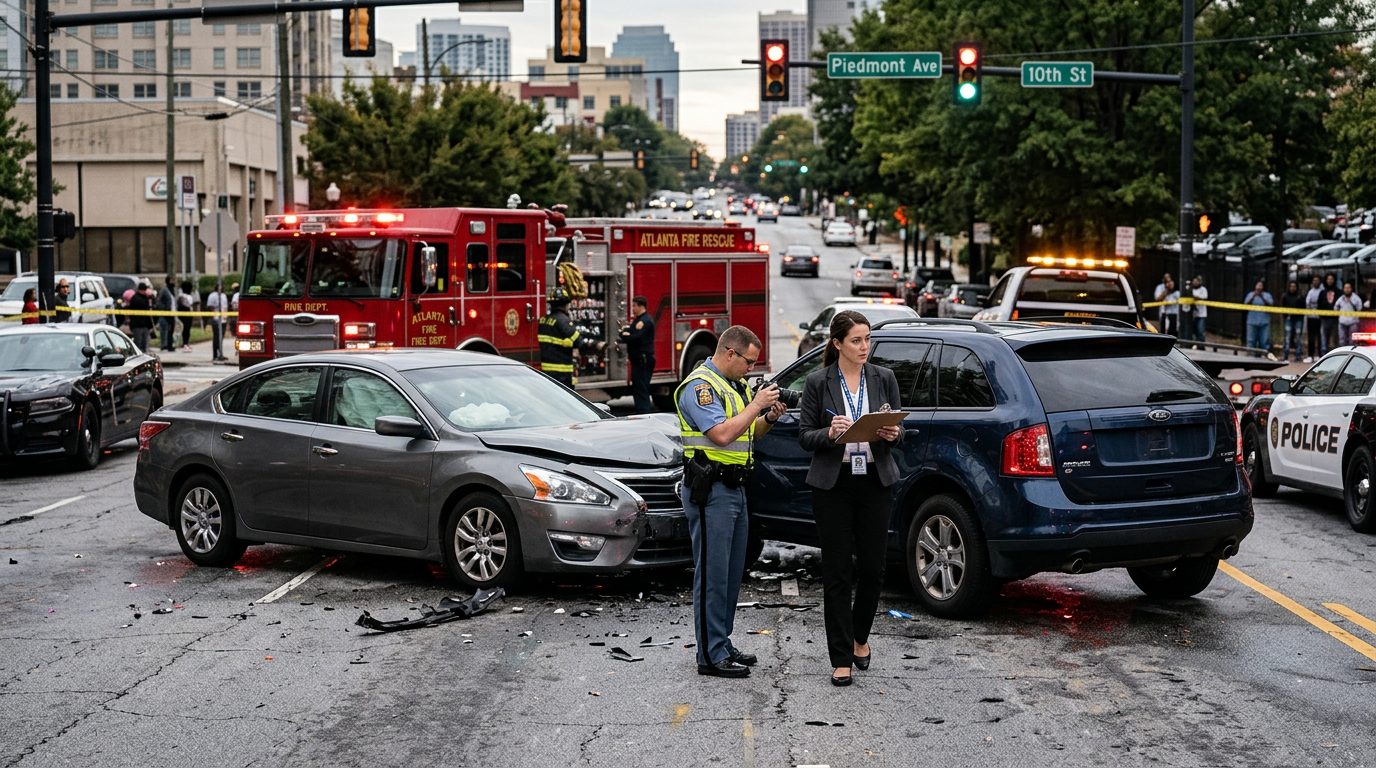 Dos autos dañados en una calle de la ciudad mientras socorristas e investigadores documentan la escena del accidente.