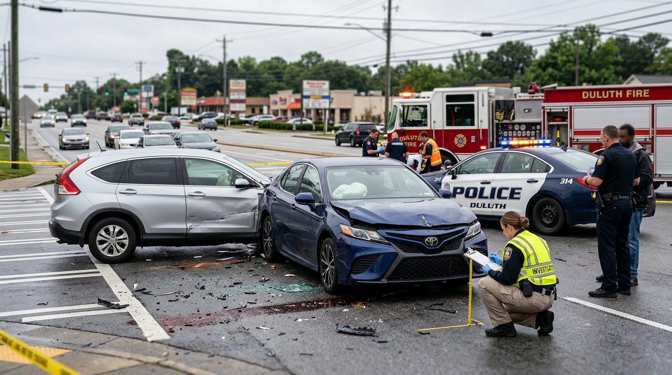 Two damaged cars sit on a city street while emergency responders and investigators document the crash scene.