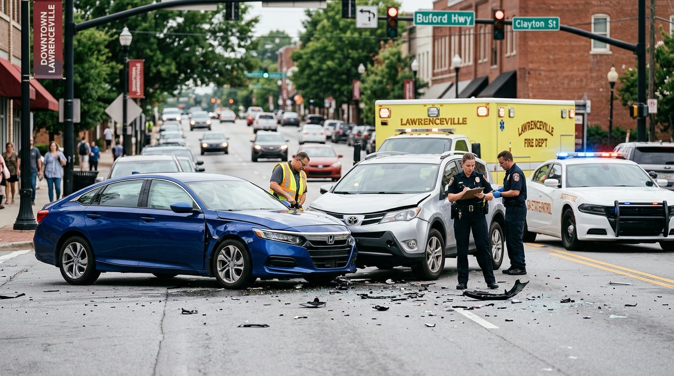 Vehicles with front-end damage at a city street crash scene, with emergency responders and investigators documenting the incident.