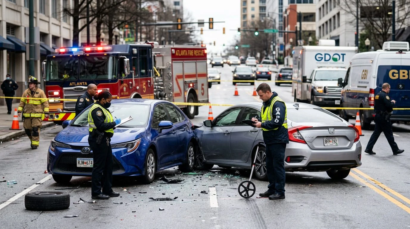 Vehicles with front-end damage on a city street, with emergency responders and investigators documenting the crash scene.
