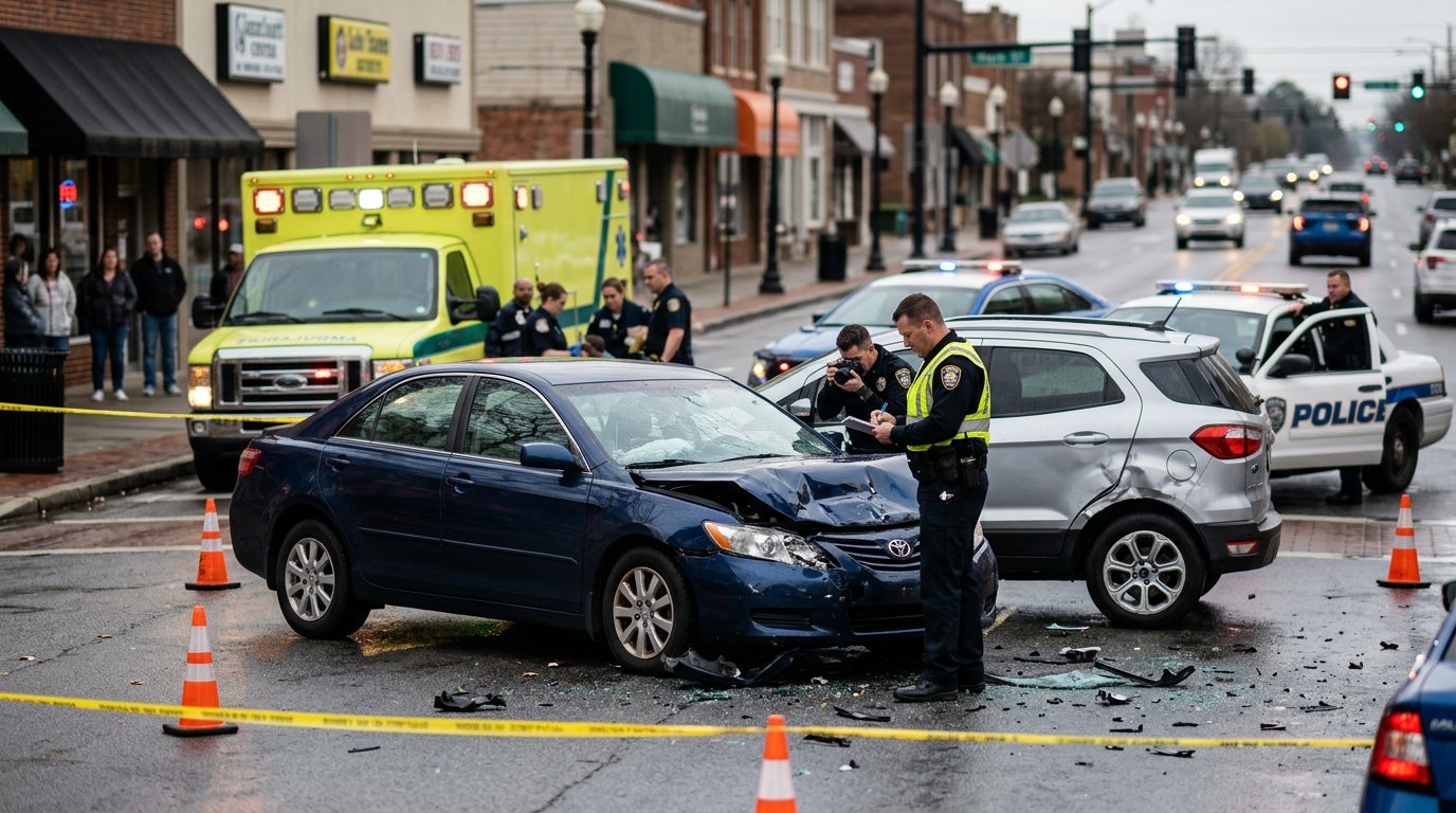 Vehicles with visible damage at a city street crash scene, with emergency responders and investigators documenting the incident.
