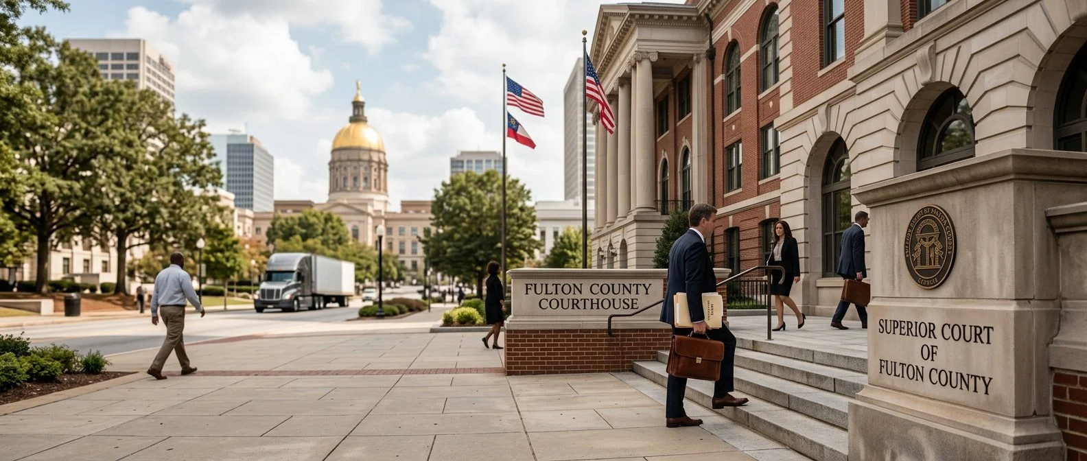 Wide view of a courthouse hallway with legal case folders and a stack of documents on a table.