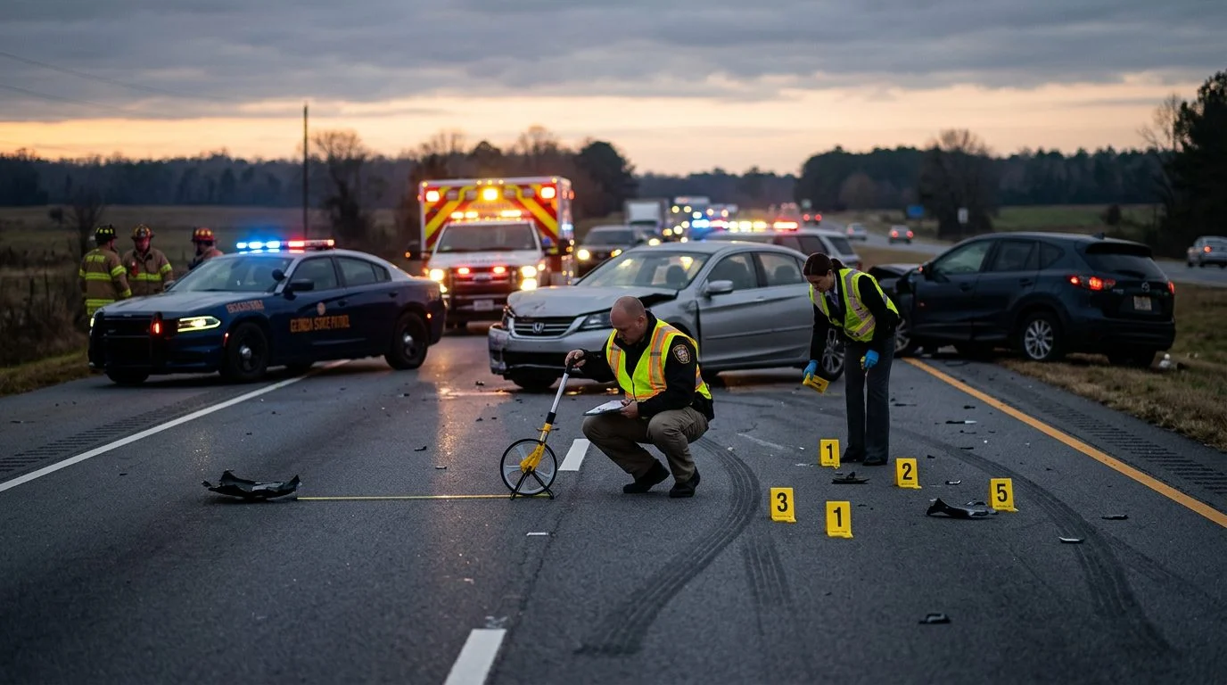 Wrongful Death Hit-and-Run Accident Georgia: Family Rights. a highway accident investigation scene at dawn with emergency vehicles, accident reconstruction specialists measuring vehicle positions, and evidence markers documenting a fatal multi-vehicle collision site