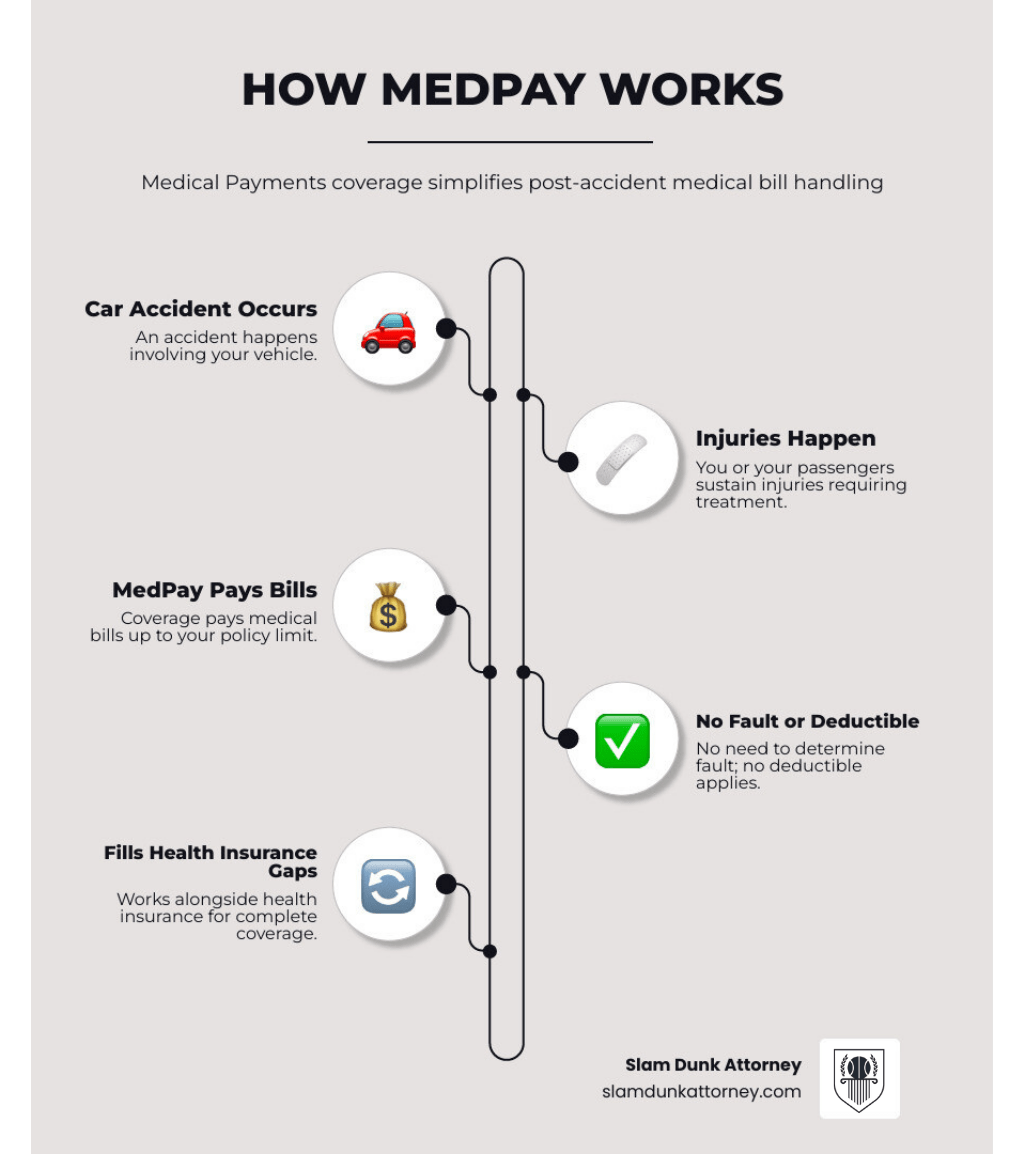 Infographic showing how MedPay works: Step 1 - Car accident occurs; Step 2 - You or your passengers are injured; Step 3 - MedPay pays your medical bills up to your coverage limit; Step 4 - No fault determination needed, no deductible to pay; Step 5 - Works alongside your health insurance to fill coverage gaps - automobile insurance medical payments infographic 