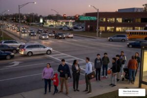Local Decatur intersection at dusk with heavy traffic flow near Duluth, Georgia - Decatur accident lawyer